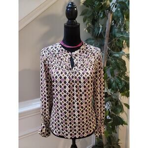 Loft Blouse Women's Size XS Multicolor Geometric Print Long Sleeve Keyhole Top